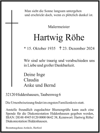 Traueranzeige von Hartwig Malermeister Hartwig Röhe von Westfalen Blatt