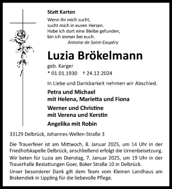 Traueranzeige von Luzia Luzia Brökelmann (geb. Karger) von Westfalen Blatt