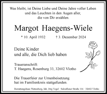 Traueranzeige von Margot Haegens-Wiele von Westfalen Blatt