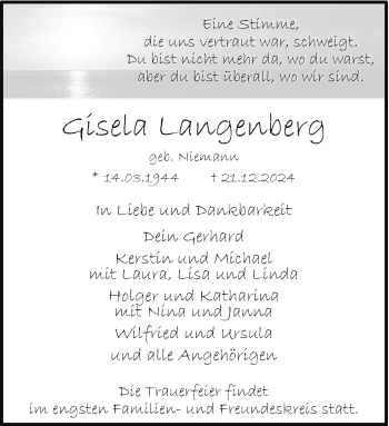 Traueranzeige von Gisela Langenberg von Westfalen Blatt