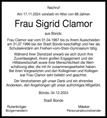 Traueranzeige von Sigrid Clamor von Westfalen Blatt