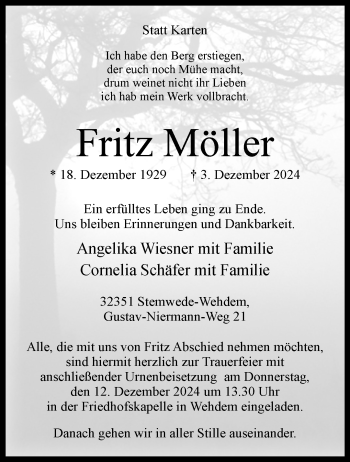 Traueranzeige von Fritz Möller von Westfalen Blatt