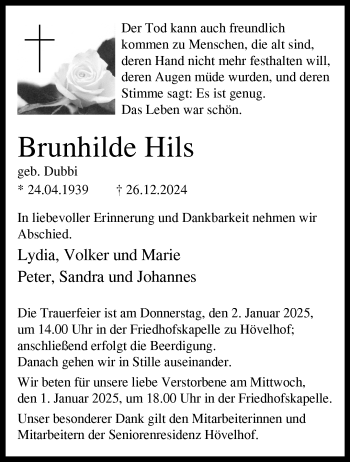 Traueranzeige von Brunhilde Hils von Westfalen Blatt