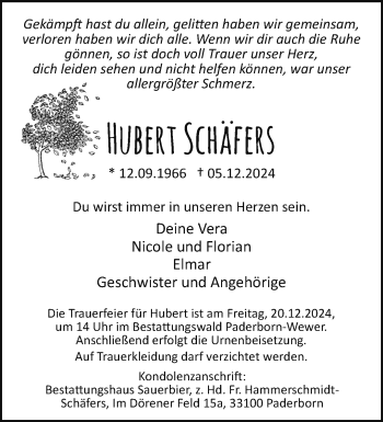 Traueranzeige von Hubert Schäfers von Westfalen Blatt