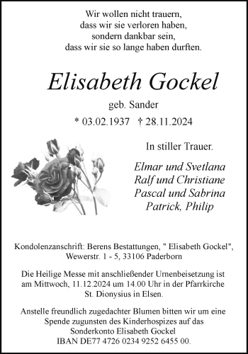 Traueranzeige von Elisabeth Gockel von Westfalen Blatt