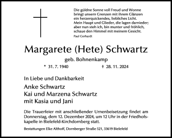 Traueranzeige von Margarete Schwartz von Westfalen Blatt