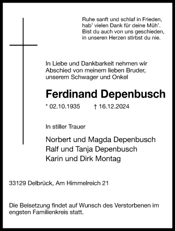 Traueranzeige von Ferdinand Depenbusch von Westfalen Blatt