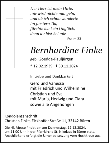 Traueranzeige von Bernhardine Finke von Westfalen Blatt