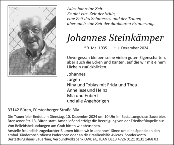 Traueranzeige von Johannes Steinkämper von Westfalen Blatt