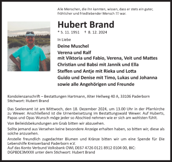 Traueranzeige von Hubert Brand von Westfalen Blatt