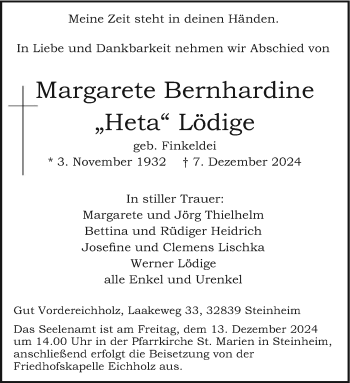 Traueranzeige von Margarete Bernhardine Lödige von Westfalen Blatt