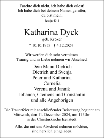 Traueranzeige von Katharina Dyck von Westfalen Blatt