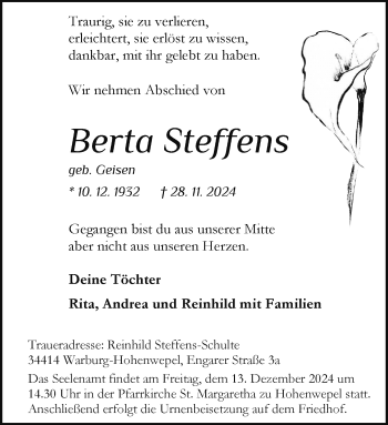 Traueranzeige von Berta Steffens von Westfalen Blatt