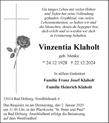 Traueranzeige von Vinzentia Klaholt von Westfalen Blatt