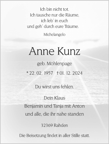 Traueranzeige von Anne Kunz von Westfalen Blatt