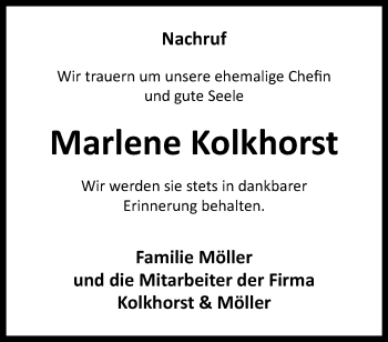 Traueranzeige von Marlene Kolkhorst von Westfalen Blatt