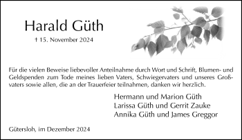 Traueranzeige von Harald Harald Güth von Westfalen Blatt