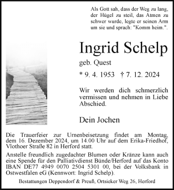 Traueranzeige von Ingrid Schelp von Westfalen Blatt