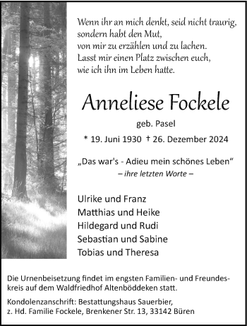 Traueranzeige von Anneliese Fockele von Westfalen Blatt