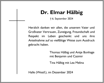 Traueranzeige von Dr. Elmar Hälbig von Westfalen Blatt