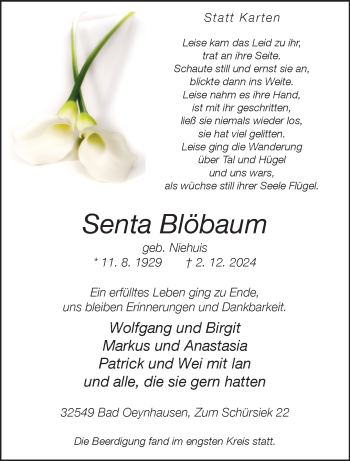 Traueranzeige von Senta Blöbaum von Westfalen Blatt