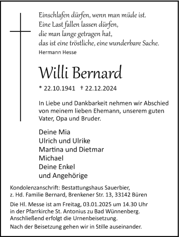 Traueranzeige von Willi Bernard von Westfalen Blatt