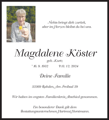 Traueranzeige von Magdalene Magdalene Köster (geb. Kurtz) von Westfalen Blatt