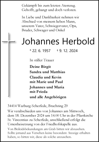 Traueranzeige von Johannes Herbold von Westfalen Blatt