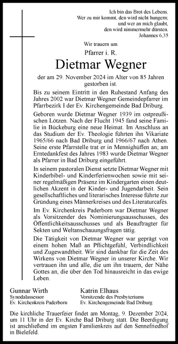 Traueranzeige von Dietmar Wegner von Westfalen Blatt