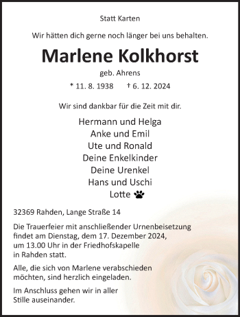 Traueranzeige von Marlene Kolkhorst von Westfalen Blatt