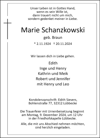 Traueranzeige von Marie Schanzkowski von Westfalen Blatt