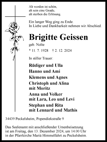 Traueranzeige von Brigitte Geissen von Westfalen Blatt