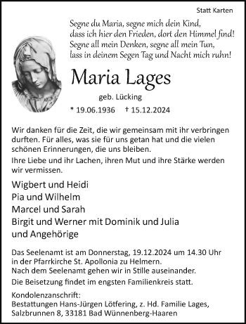 Traueranzeige von Maria Lages von Westfalen Blatt