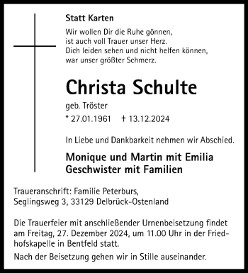 Traueranzeige von Christa Schulte von Westfalen Blatt