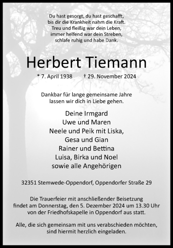 Traueranzeige von Herbert Tiemann von Westfalen Blatt