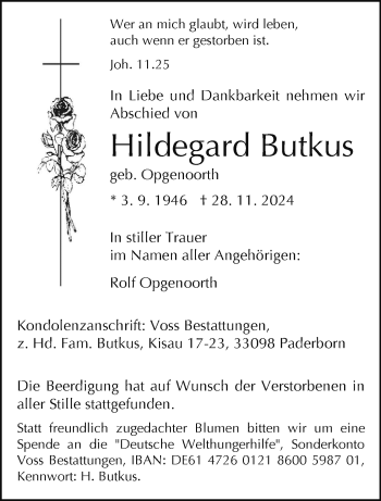 Traueranzeige von Hildegard Butkus von Westfalen Blatt