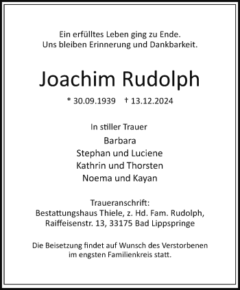 Traueranzeige von Joachim Rudolph von Westfalen Blatt