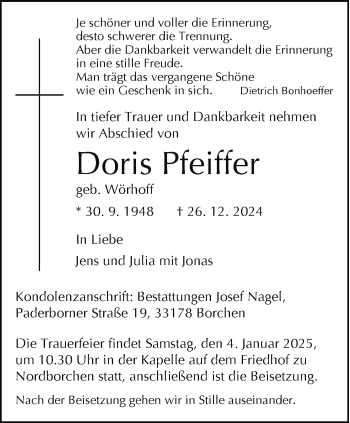 Traueranzeige von Doris Pfeiffer von Westfalen Blatt