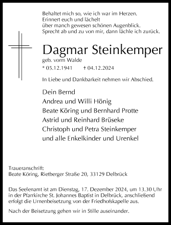 Traueranzeige von Dagmar Steinkemper von Westfalen Blatt