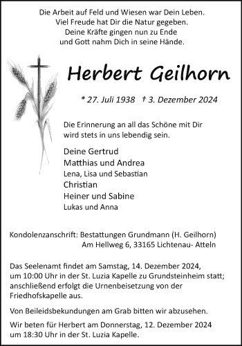 Traueranzeige von Herbert Geilhorn von Westfalen Blatt