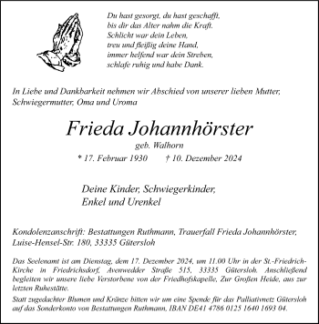 Traueranzeige von Frieda Johannhörster von Westfalen Blatt