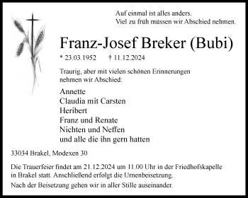 Traueranzeige von Franz-Josef Breker von Westfalen Blatt