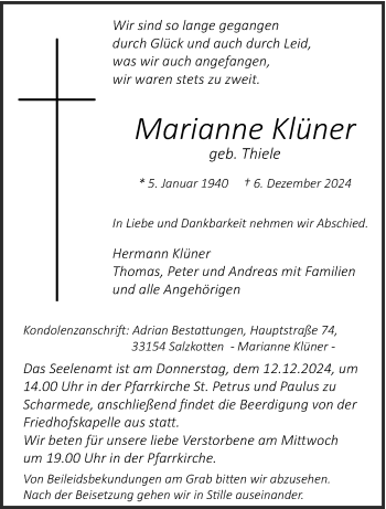 Traueranzeige von Marianne Klüner von Westfalen Blatt