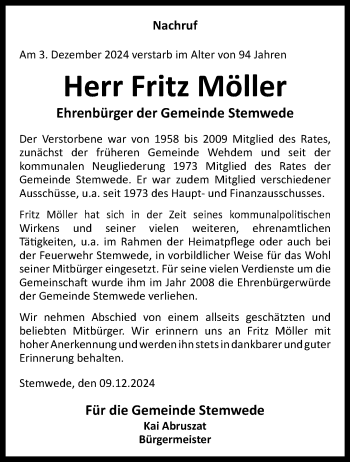 Traueranzeige von Fritz Möller von Westfalen Blatt