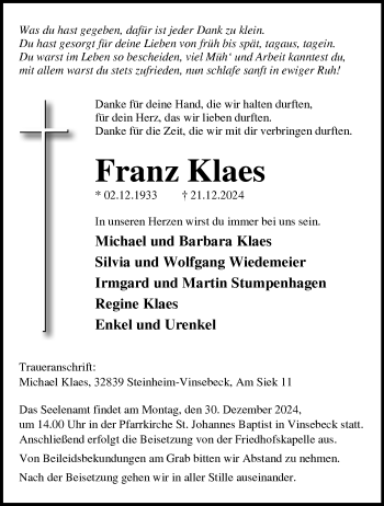 Traueranzeige von Franz Klaes von Westfalen Blatt