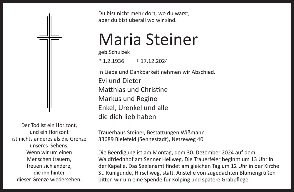  Traueranzeige für Maria Steiner vom 27.12.2024 aus Westfalen Blatt