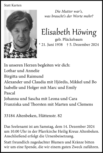 Traueranzeige von Elisabeth Höwing von Westfalen Blatt