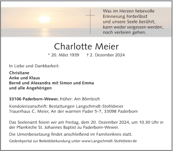 Traueranzeige von Charlotte Meier von Westfalen Blatt