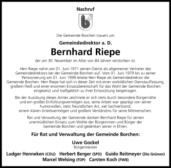 Traueranzeige von Bernhard Riepe von Westfalen Blatt