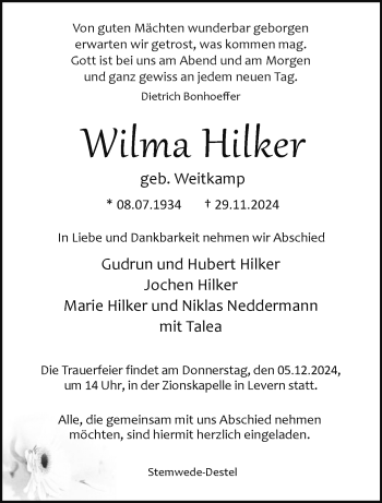 Traueranzeige von Wilma Hilker von Westfalen Blatt